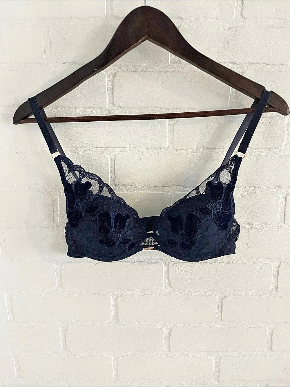 Chantelle Fleurs Demi Bra Marine Blue Velvet Floral Lace Gold Sz 34C